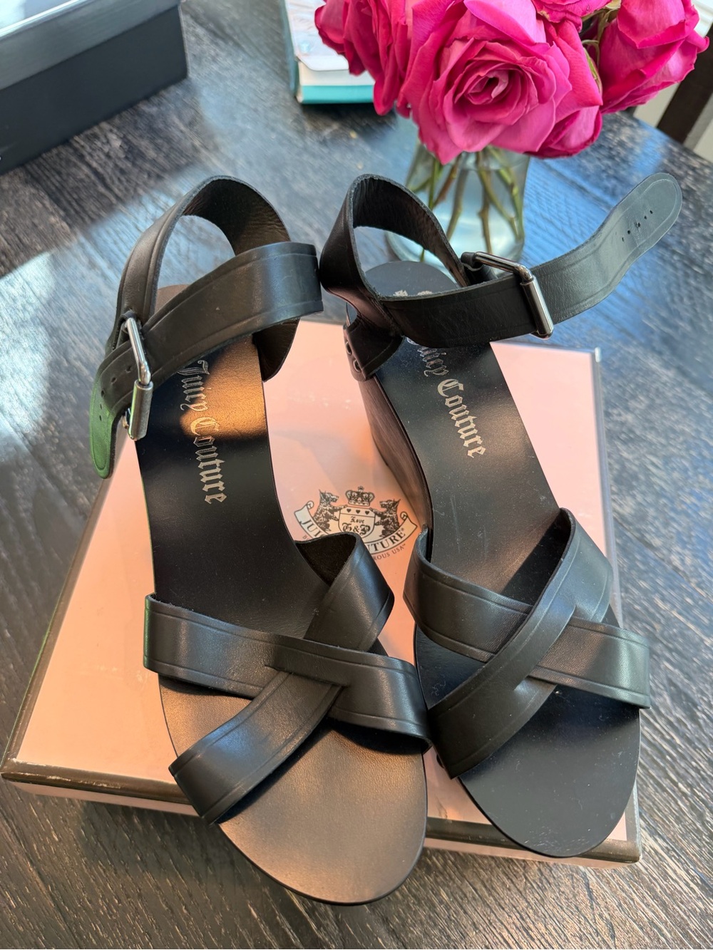 Juicy Couture Black Leather Cross-Strap Ankle Buckle Sandals